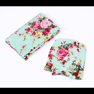 New born  hat bow print quilt infant Earmufs flower soft blanket set